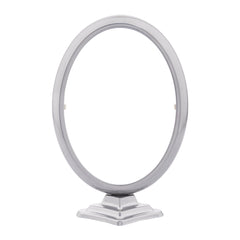 Oval aluminium photo frame with a support stand, in nickel matte colour.