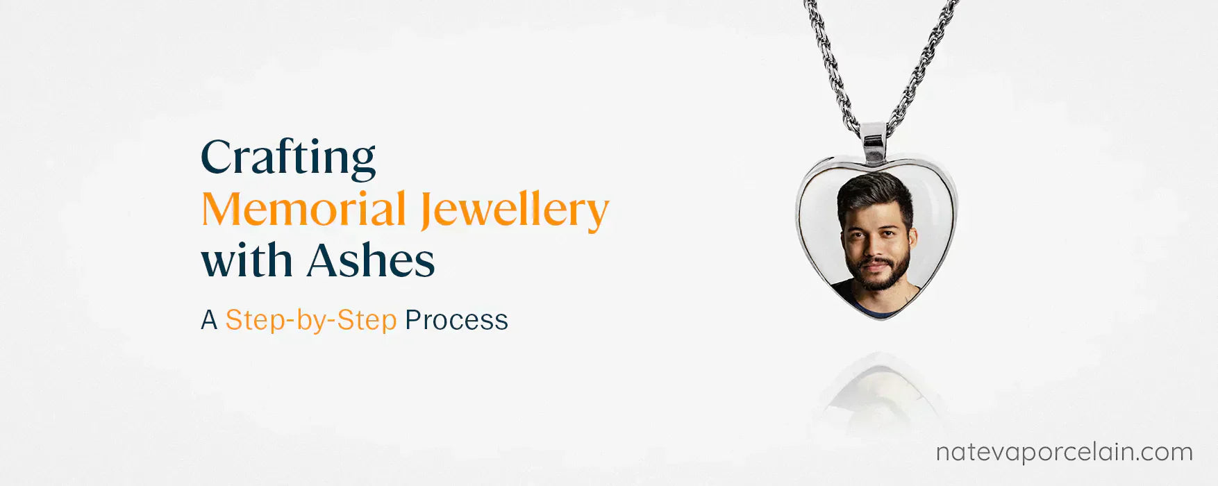 Heart-shaped memorial necklace with a photo of a man on a white background, text about crafting memorial jewelry with ashes.