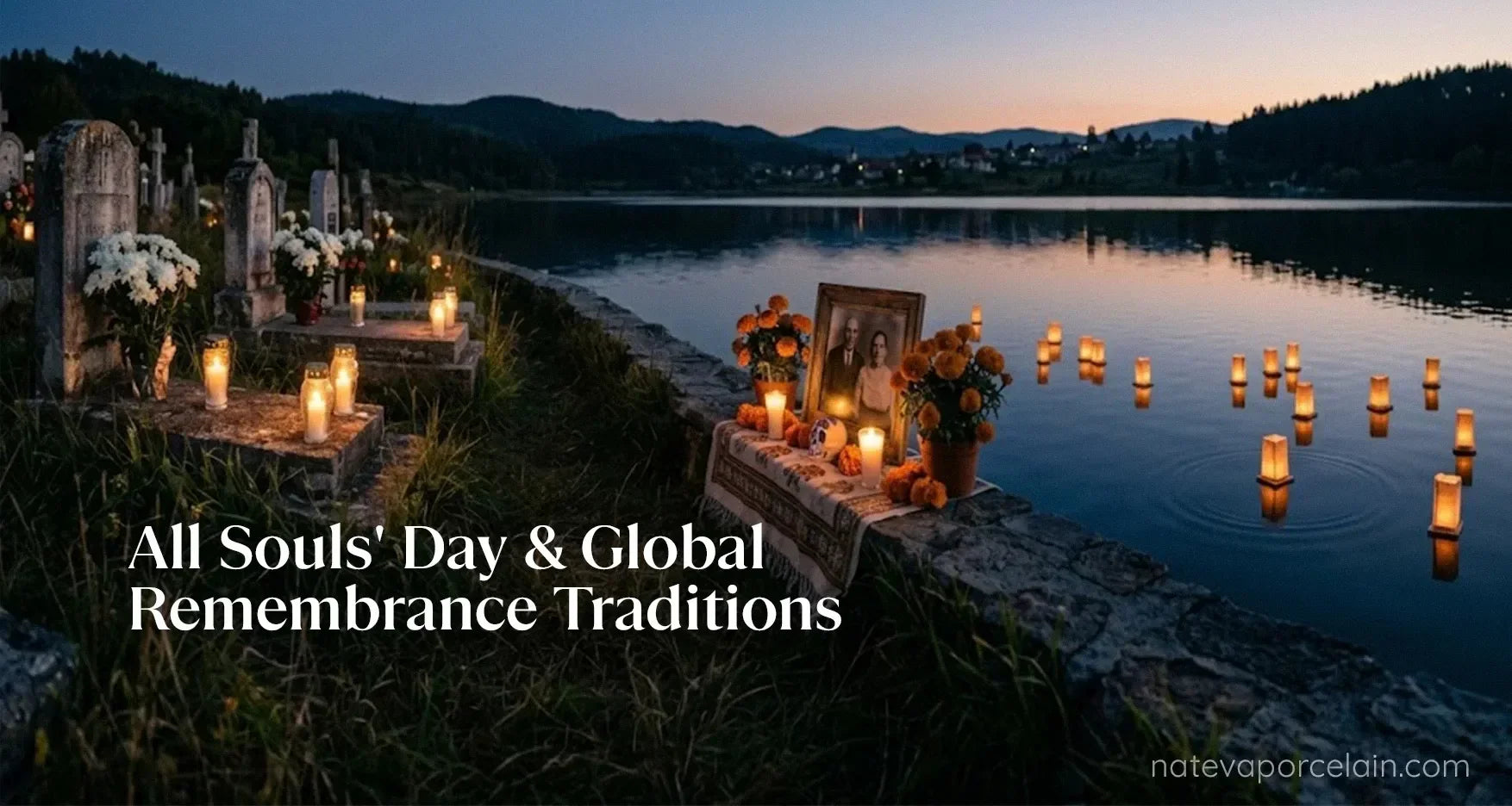 A montage of global remembrance traditions — a candlelit European cemetery on All Souls Night, a colourful Día de los Muertos altar with marigolds, and Japanese paper lanterns floating on water at Obon