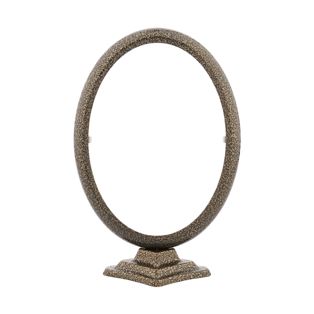 Oval aluminium photo frame with a support stand, in gold black colour.