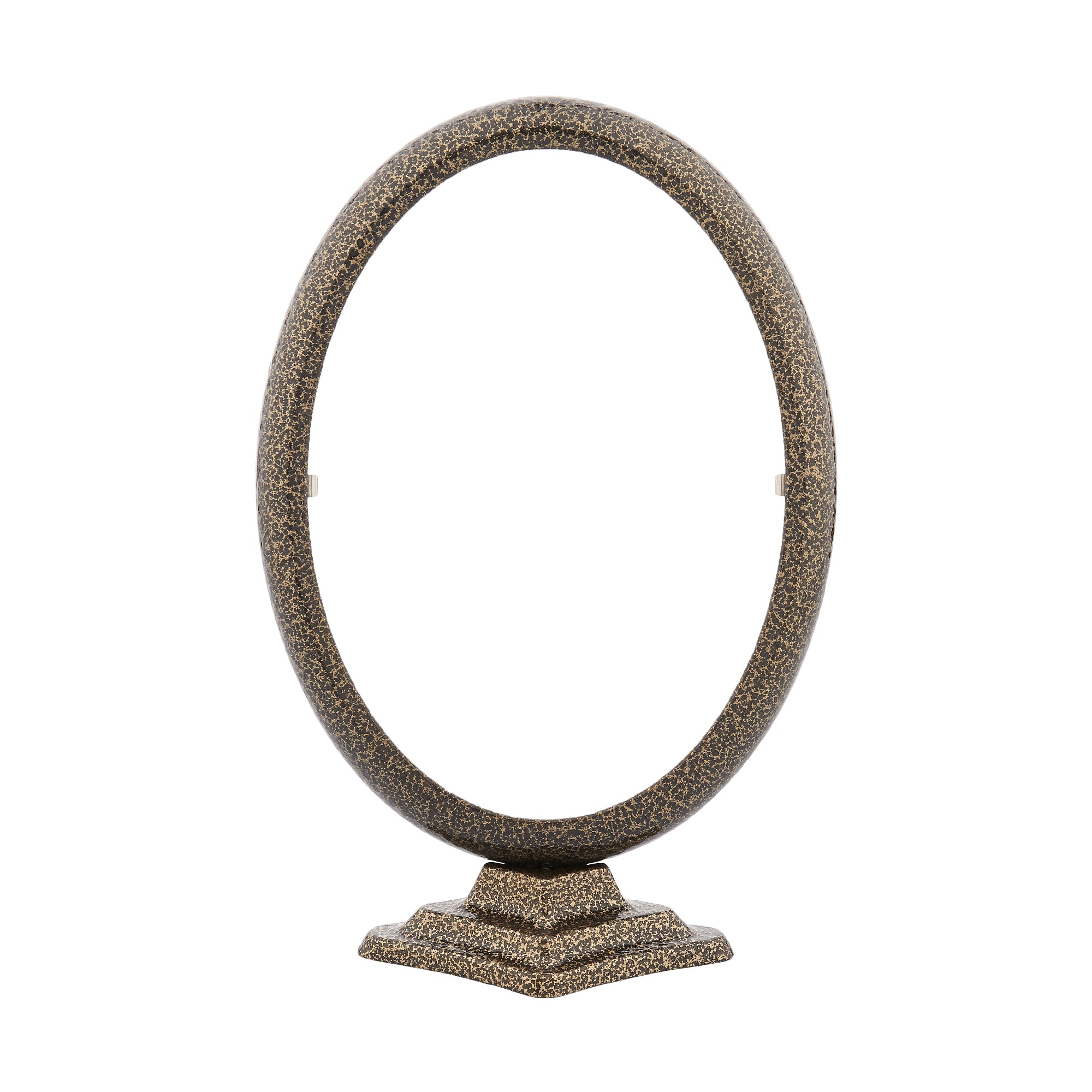 Oval aluminium photo frame with a support stand, in gold black colour.