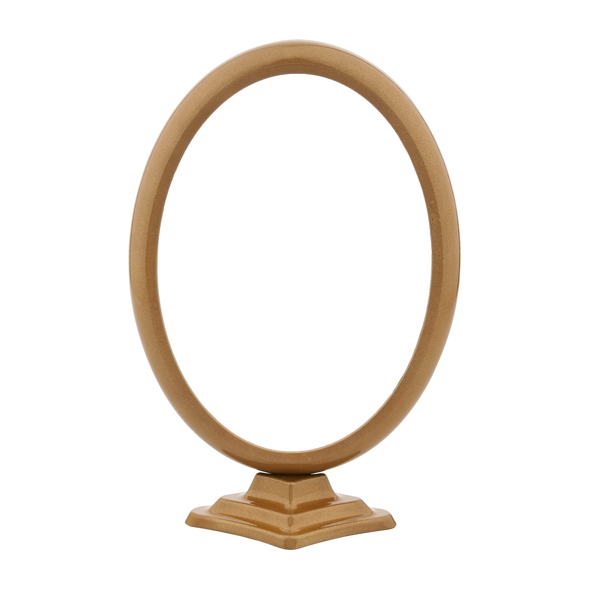 Oval aluminium photo frame with a support stand, in new bronze colour. Immagine principale del prodotto