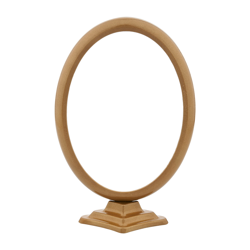 Oval aluminium photo frame with a support stand, in new bronze colour.