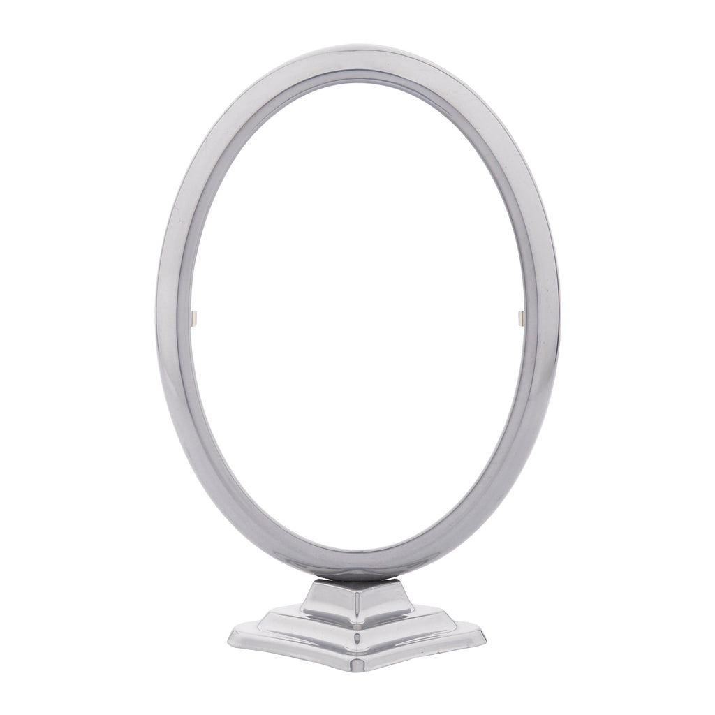Oval aluminium photo frame with a support stand, in nickel matte colour.