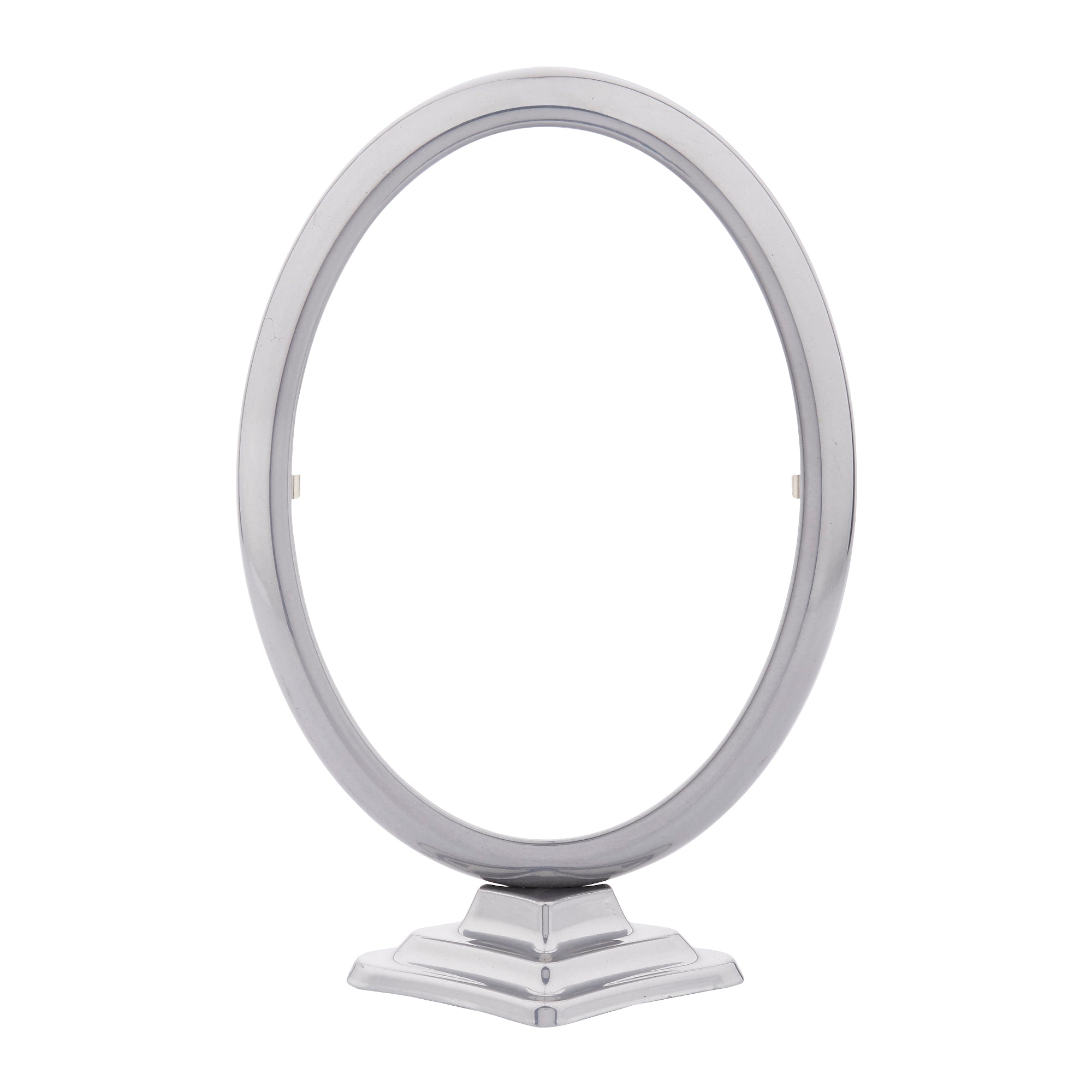Oval aluminium photo frame with a support stand, in nickel matte colour.
