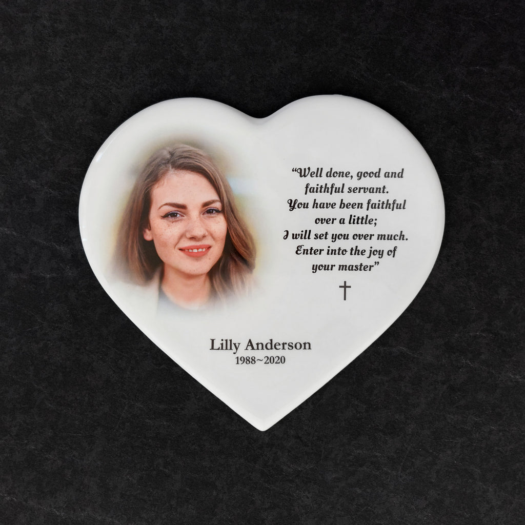 Memorial Ceramic Photo Plaque, 22 cm wide – Heart Shaped Porcelain for Headstones